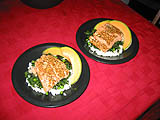 Sesame salmon on spinach and rice, with melon